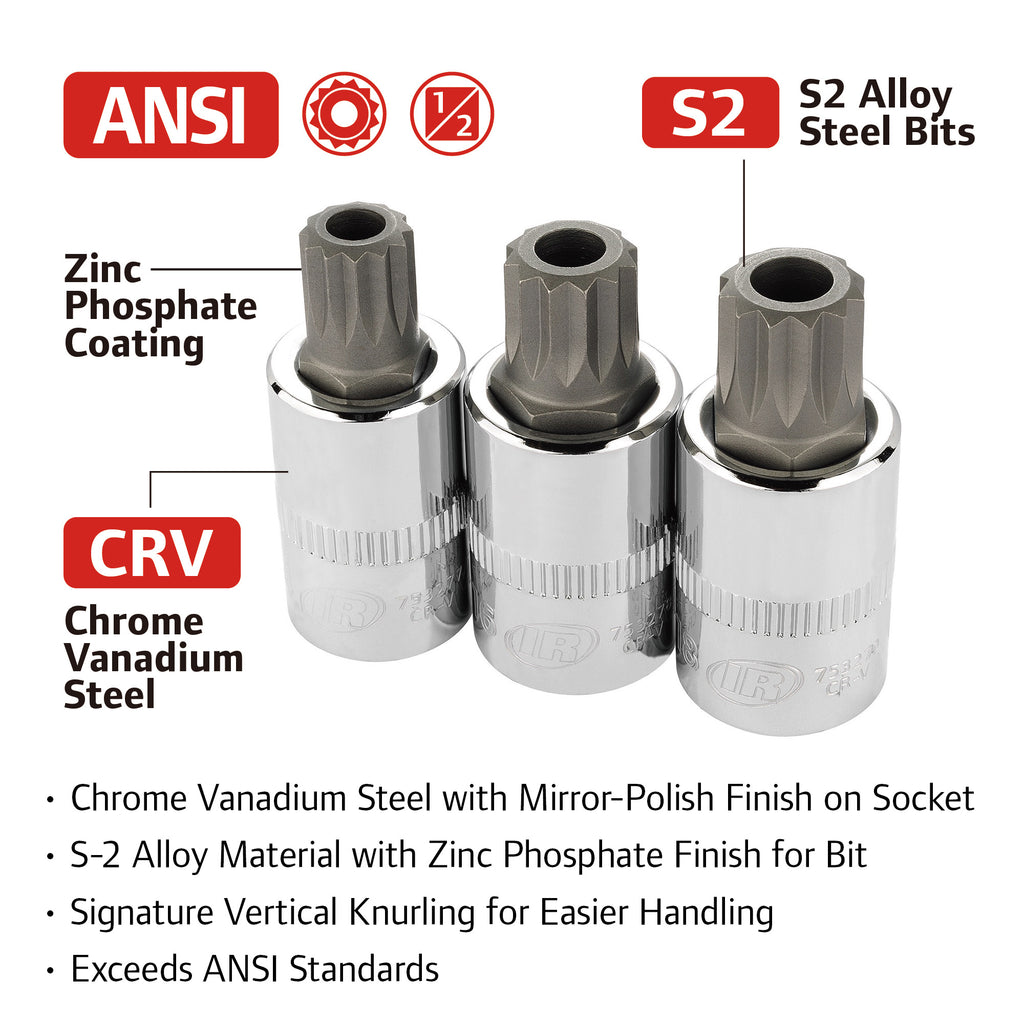 3 Piece 1/2 Inch Drive Triple Square XZN Tamper-Proof Bit Socket