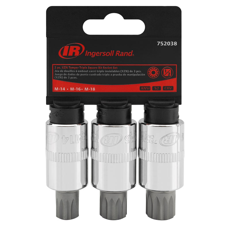3 Piece 1/2 Inch Drive Triple Square XZN Tamper-Proof Bit Socket Set